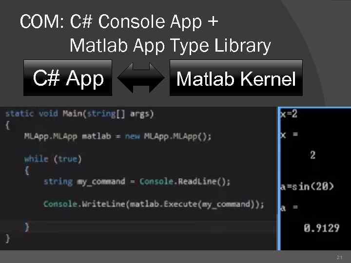 COM: C# Console App + Matlab App Type Library С# App Matlab Kernel 21