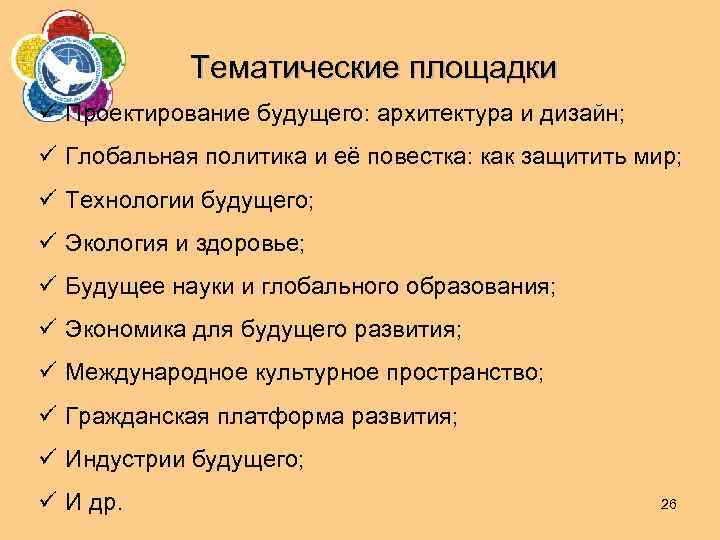 Тематические площадки ü Проектирование будущего: архитектура и дизайн; ü Глобальная политика и её повестка: