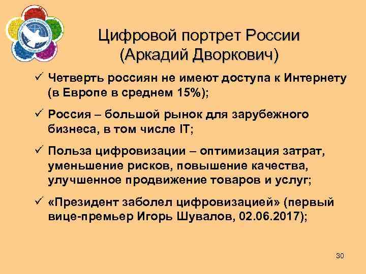 Цифровой портрет России (Аркадий Дворкович) ü Четверть россиян не имеют доступа к Интернету (в