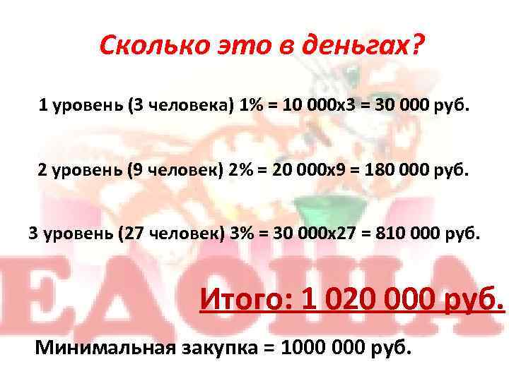 Сколько это в деньгах? 1 уровень (3 человека) 1% = 10 000 х3 =