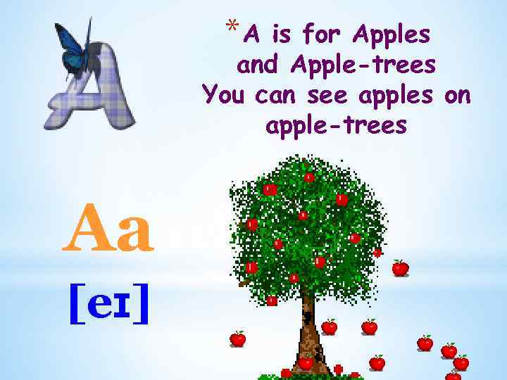 *A is for Apples and Apple-trees You can see apples on apple-trees Aa [eɪ]