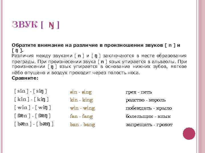 ЗВУК [ Ŋ ] Обратите внимание на различие в произношении звуков [ n ]
