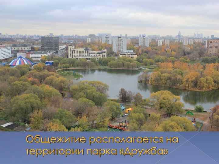 Общежитие располагается на территории парка «Дружба» 