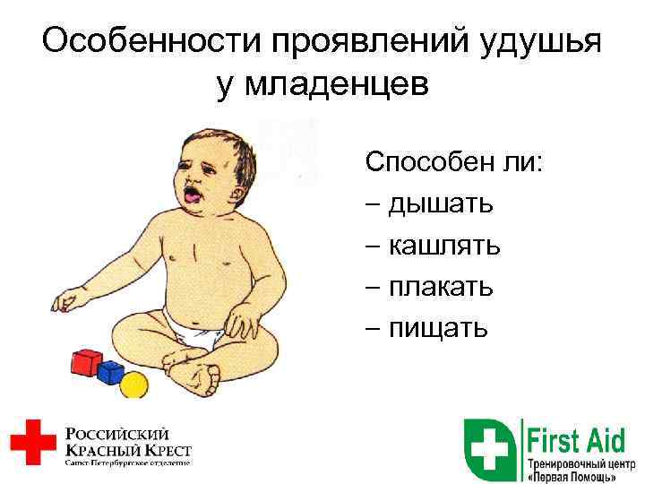 Особенности проявлений удушья у младенцев Способен ли: - дышать - кашлять - плакать -