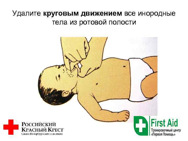 Удалите круговым движением все инородные тела из ротовой полости 