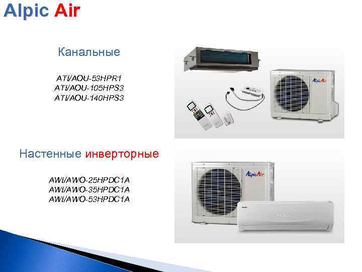 Alpic Air Канальные ATI/AOU-53 HPR 1 ATI/AOU-105 HPS 3 ATI/AOU-140 HPS 3 Настенные инверторныe