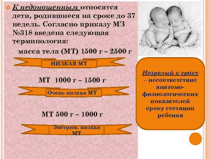  К недоношенным относятся дети, родившиеся на сроке до 37 недель. Согласно приказу МЗ