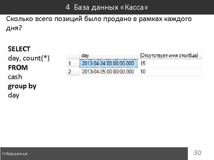 4 База данных «Касса» Сколько всего позиций было продано в рамках каждого дня? SELECT