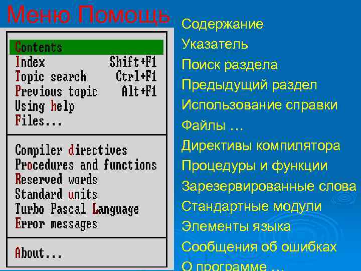 Меню Помощь Содержание Указатель Поиск раздела Предыдущий раздел Использование справки Файлы … Директивы компилятора