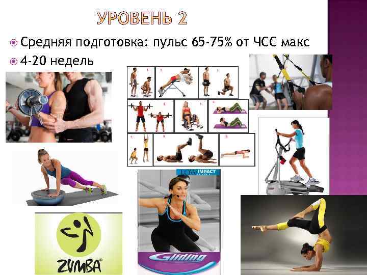  Средняя подготовка: пульс 65 -75% от ЧСС макс 4 -20 недель 