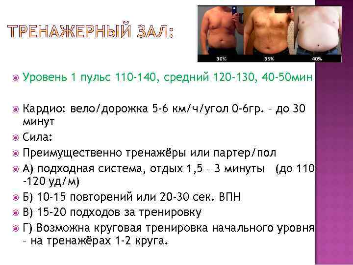  Уровень 1 пульс 110 -140, средний 120 -130, 40 -50 мин Кардио: вело/дорожка