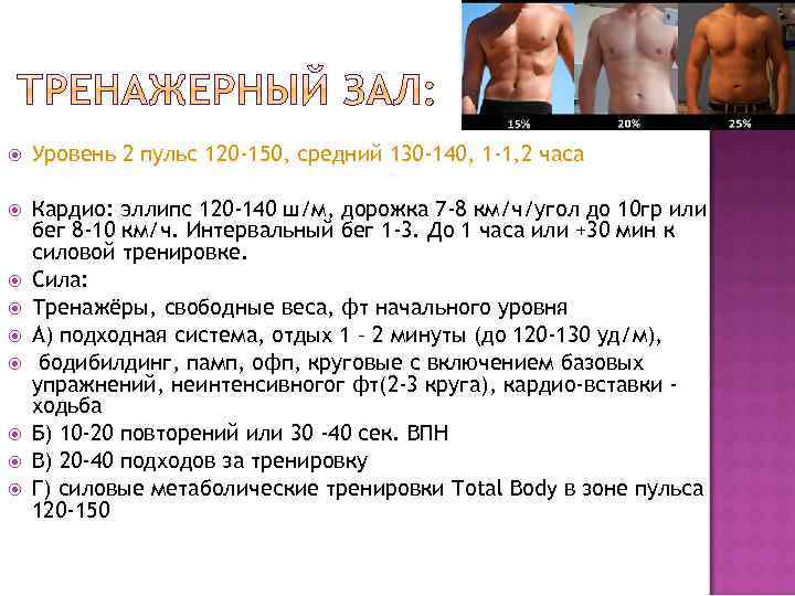  Уровень 2 пульс 120 -150, средний 130 -140, 1 -1, 2 часа Кардио: