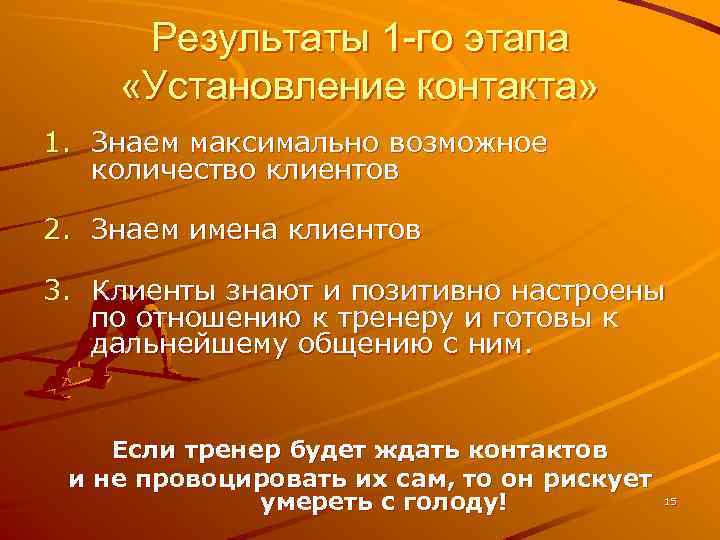 Результаты 1 -го этапа «Установление контакта» 1. Знаем максимально возможное количество клиентов 2. Знаем