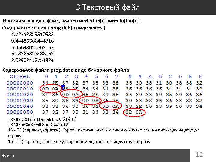 3 Текстовый файл Изменим вывод в файл, вместо write(f, m[i]) writeln(f, m[i]) Содержимое файла