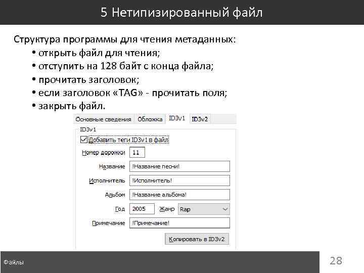 5 Нетипизированный файл Структура программы для чтения метаданных: • открыть файл для чтения; •