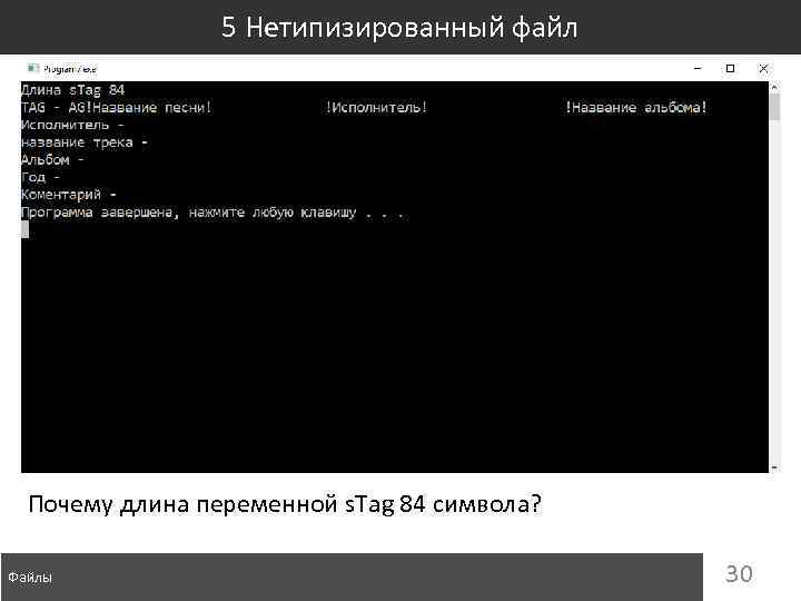 5 Нетипизированный файл Почему длина переменной s. Tag 84 символа? Файлы 30 