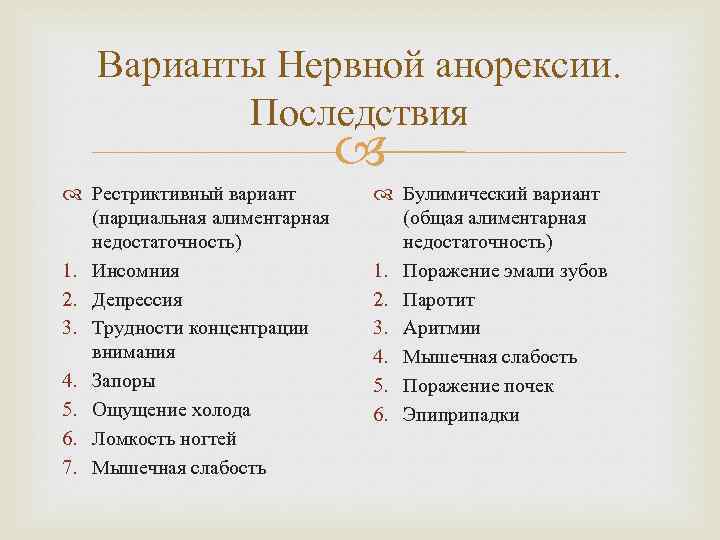 Варианты Нервной анорексии. Последствия Рестриктивный вариант (парциальная алиментарная недостаточность) 1. Инсомния 2. Депрессия 3.