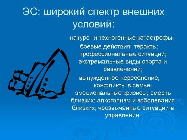 ЭС: широкий спектр внешних условий: натуро- и техногенные катастрофы; боевые действия, теракты; профессиональные ситуации;