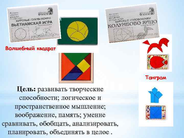 Волшебный квадрат Танграм Цель: развивать творческие способности; логическое и пространственное мышление; воображение, память; умение