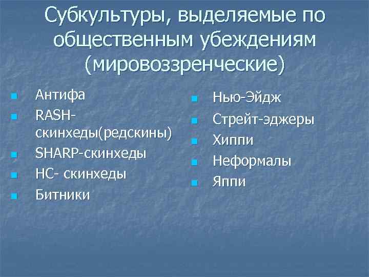 n n n Субкультуры, выделяемые по общественным убеждениям (мировоззренческие) Антифа n Нью-Эйдж RASHскинхеды(редскины) SHARP-скинхеды