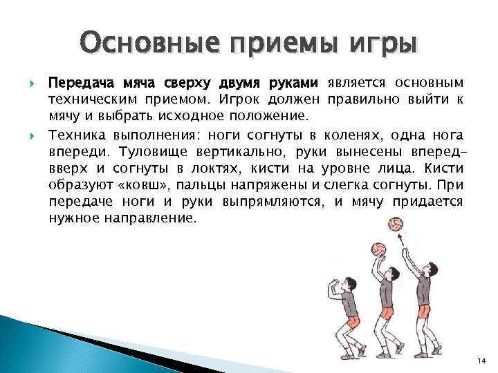 Основные приемы игры Передача мяча сверху двумя руками является основным техническим приемом. Игрок должен
