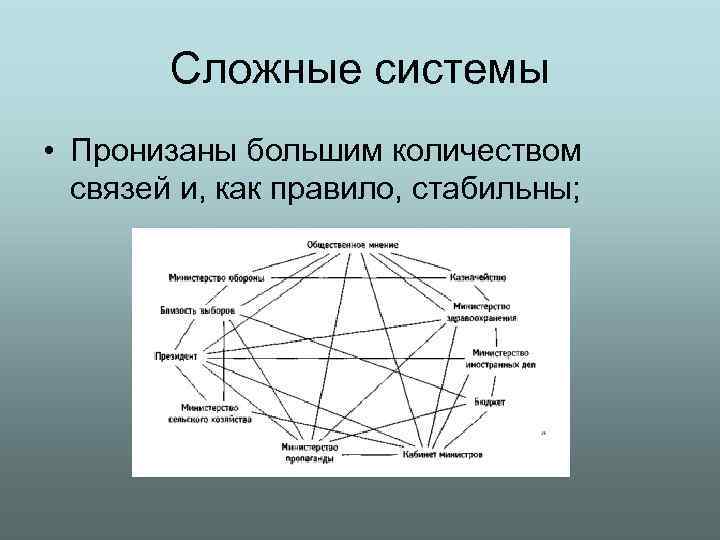 Сложные системы • Пронизаны большим количеством связей и, как правило, стабильны; 