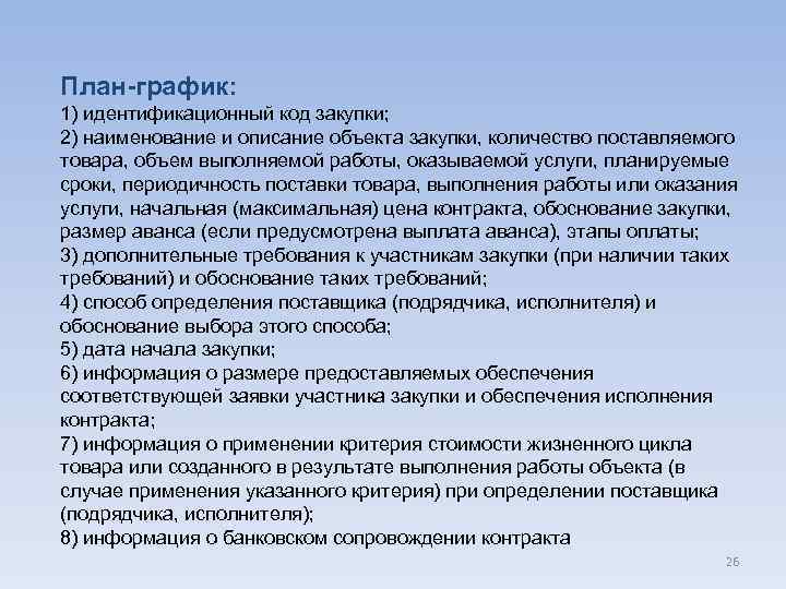 План-график: 1) идентификационный код закупки; 2) наименование и описание объекта закупки, количество поставляемого товара,