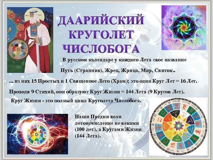 В русском календаре у каждого Лета свое название Путь (Странник), Жрец, Жрица, Мир, Свиток.