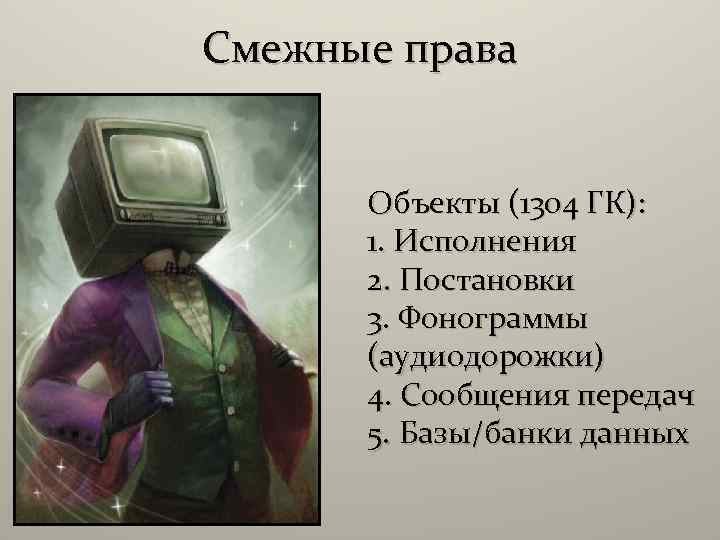 Смежные права Объекты (1304 ГК): 1. Исполнения 2. Постановки 3. Фонограммы (аудиодорожки) 4. Сообщения