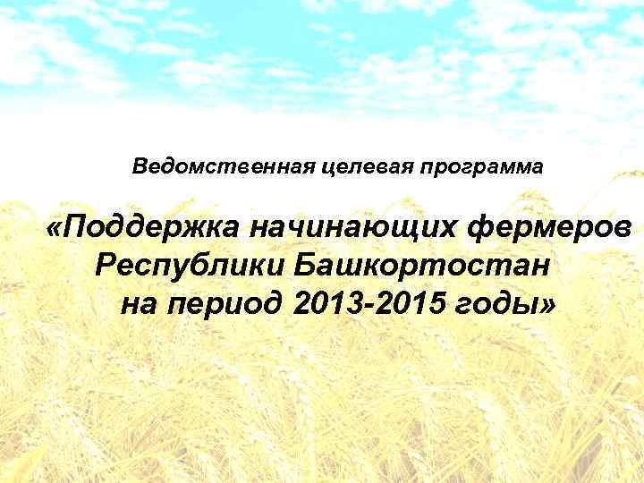 Ведомственная целевая программа «Поддержка начинающих фермеров Республики Башкортостан на период 2013 -2015 годы» 