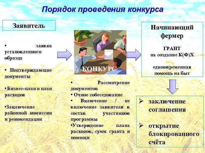 Порядок проведения конкурса Заявитель Начинающий фермер • заявка установленного образца • Подтверждающие документы •