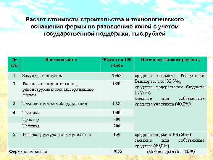 Расчет стоимости строительства и технологического оснащения фермы по разведению коней с учетом государственной поддержки,