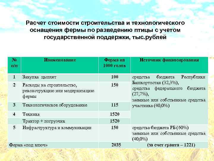 Расчет стоимости строительства и технологического оснащения фермы по разведению птицы с учетом государственной поддержки,
