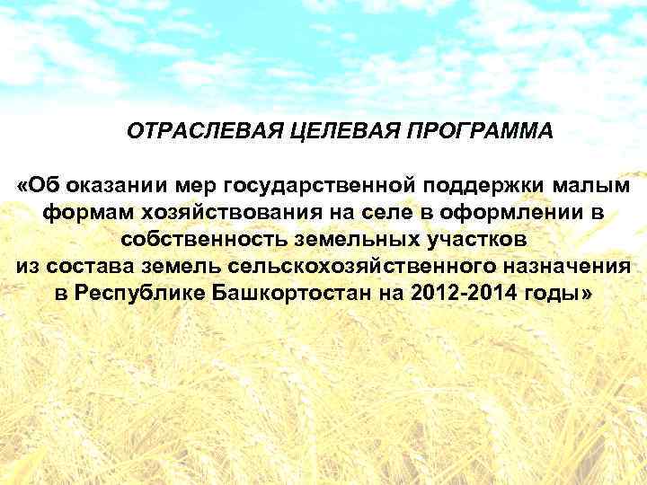 ОТРАСЛЕВАЯ ЦЕЛЕВАЯ ПРОГРАММА «Об оказании мер государственной поддержки малым формам хозяйствования на селе в