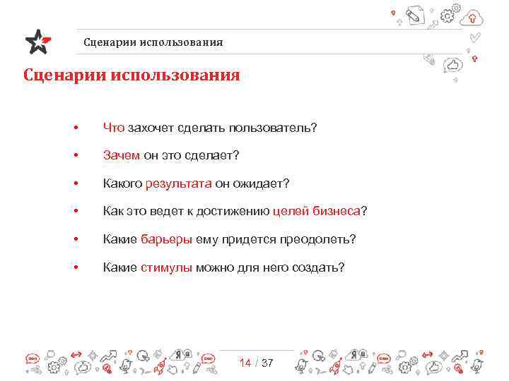 Сценарии использования • Что захочет сделать пользователь? • Зачем он это сделает? • Какого