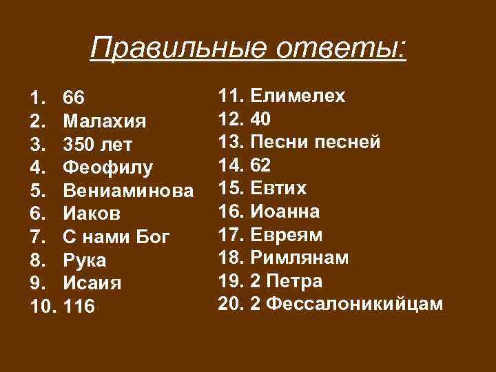 Правильные ответы: 1. 66 2. Малахия 3. 350 лет 4. Феофилу 5. Вениаминова 6.