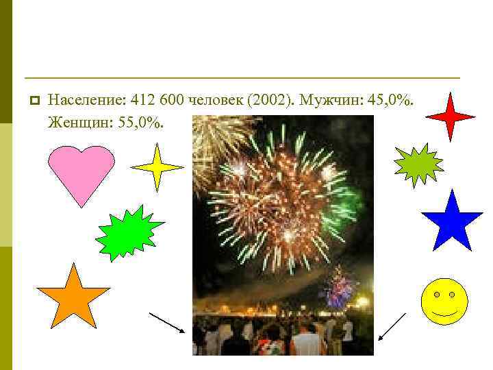 p Население: 412 600 человек (2002). Мужчин: 45, 0%. Женщин: 55, 0%. 