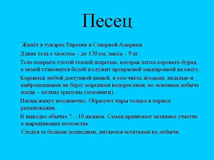 Песец Живёт в тундрах Евразии и Северной Америки. Длина тела с хвостом – до
