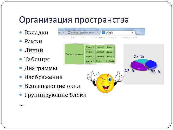 Организация пространства Вкладки Рамки Линии Таблицы Диаграммы Изображения Всплывающие окна Группирующие блоки … 