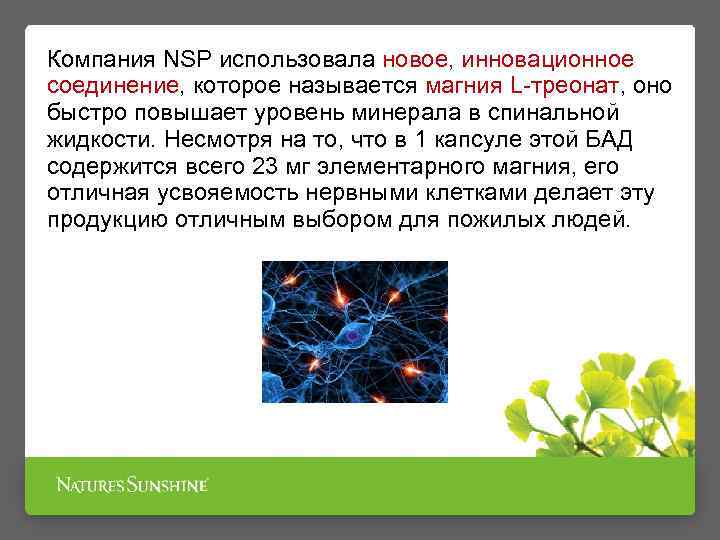 Компания NSP использовала новое, инновационное соединение, которое называется магния L-треонат, оно быстро повышает уровень