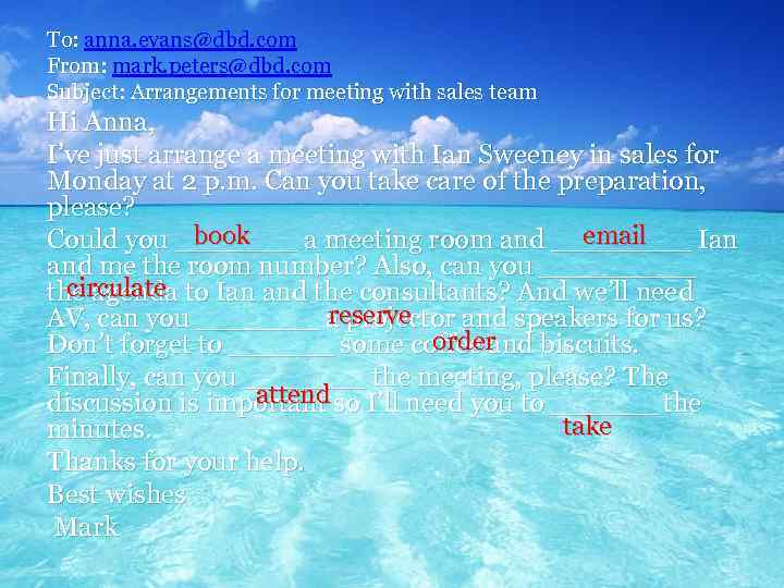 To: anna. evans@dbd. com From: mark. peters@dbd. com From Subject: Arrangements for meeting with