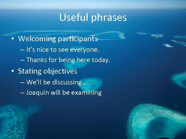 Useful phrases • Welcoming participants – It’s nice to see everyone. – Thanks for