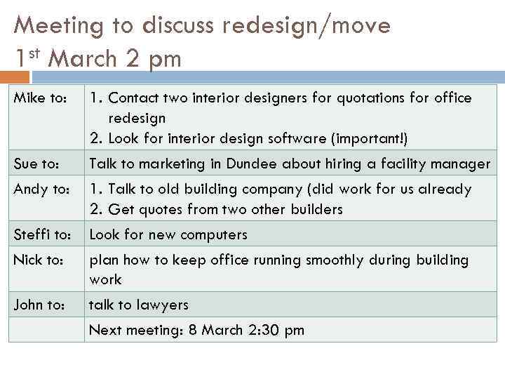 Meeting to discuss redesign/move 1 st March 2 pm Mike to: Sue to: Andy