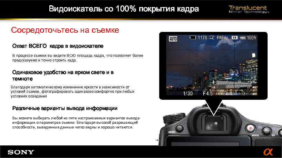 Видоискатель со 100% покрытия кадра Сосредоточьтесь на съемке Охват ВСЕГО кадра в видоискателе В