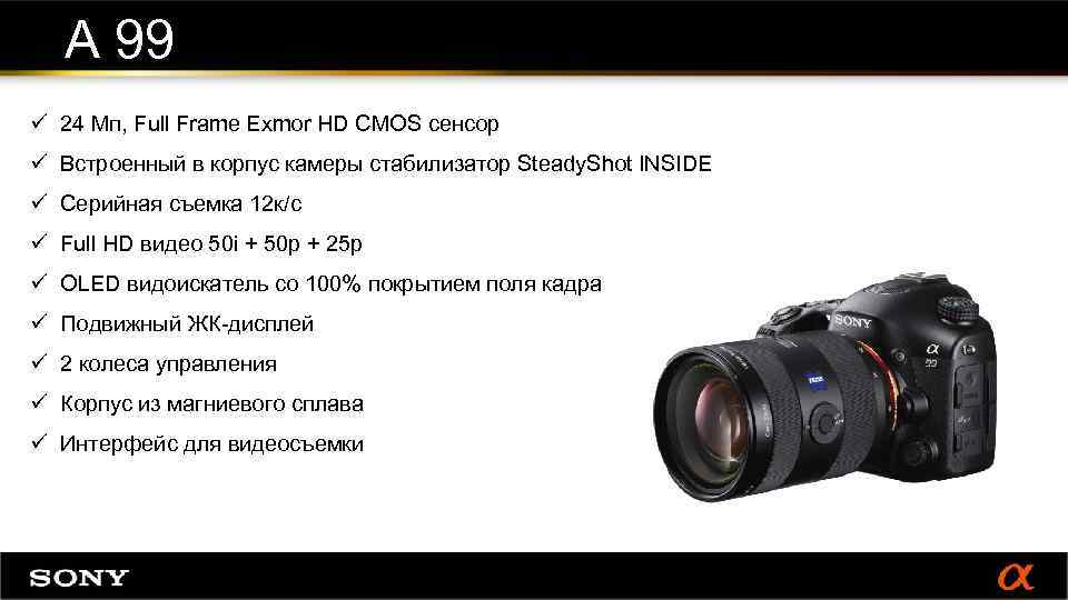 А 99 ü 24 Мп, Full Frame Exmor HD CMOS сенсор ü Встроенный в