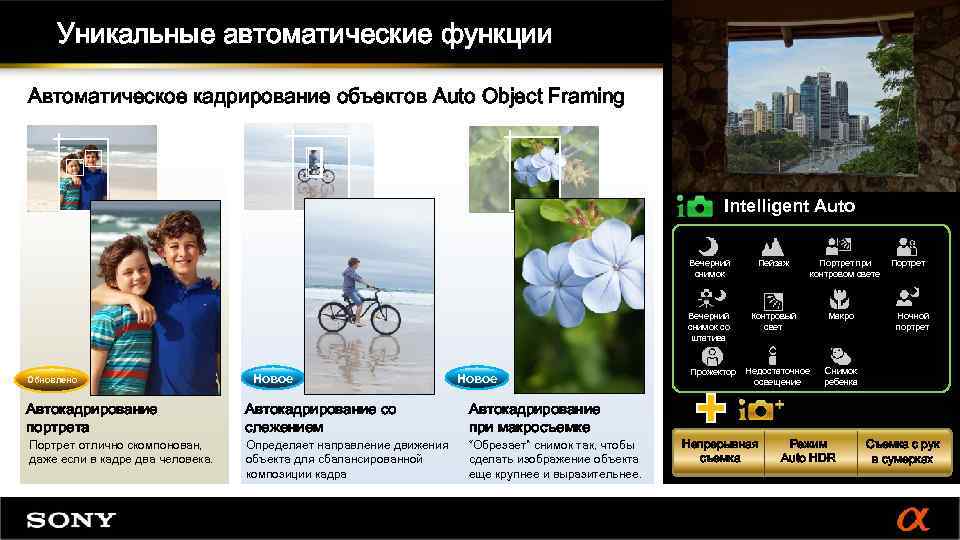 Уникальные автоматические функции Автоматическое кадрирование объектов Auto Object Framing Intelligent Auto Вечерний снимок со