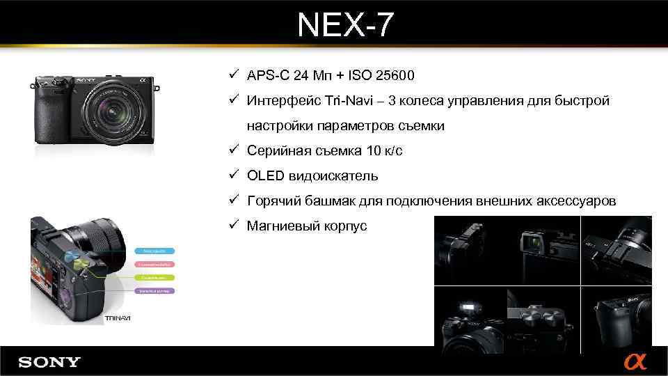 NEX-7 ü APS-C 24 Мп + ISO 25600 ü Интерфейс Tri-Navi – 3 колеса