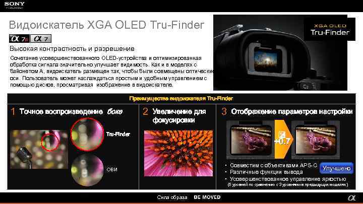 Видоискатель XGA OLED Tru-Finder Высокая контрастность и разрешение Сочетание усовершенствованного OLED-устройства и оптимизированная обработка