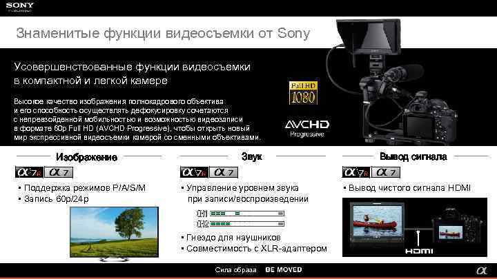 Знаменитые функции видеосъемки от Sony Усовершенствованные функции видеосъемки в компактной и легкой камере Высокое