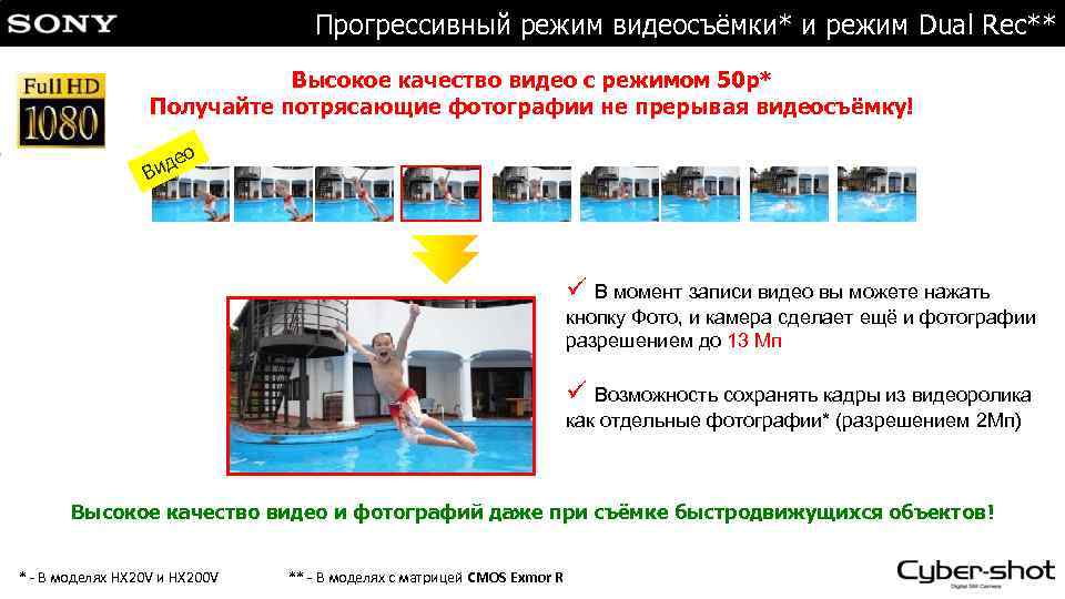 Прогрессивный режим видеосъёмки* и режим Dual Rec** Высокое качество видео с режимом 50 p*